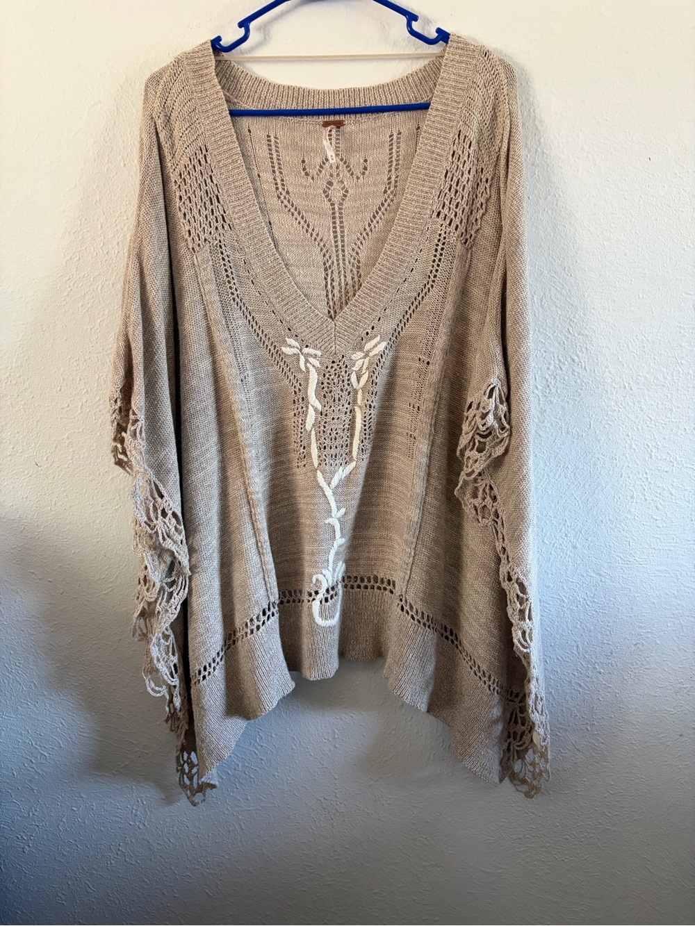 Free People Beige Crochet Trim V-Neck Sweater